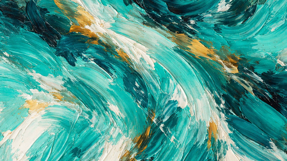Abstract oil painting dominated by teal with thick, chaotic brushstrokes sweeping across the canvas in layered motions, accented by soft white and deep green tones with subtle gold highlights, creating a textured, high-contrast abstract composition.