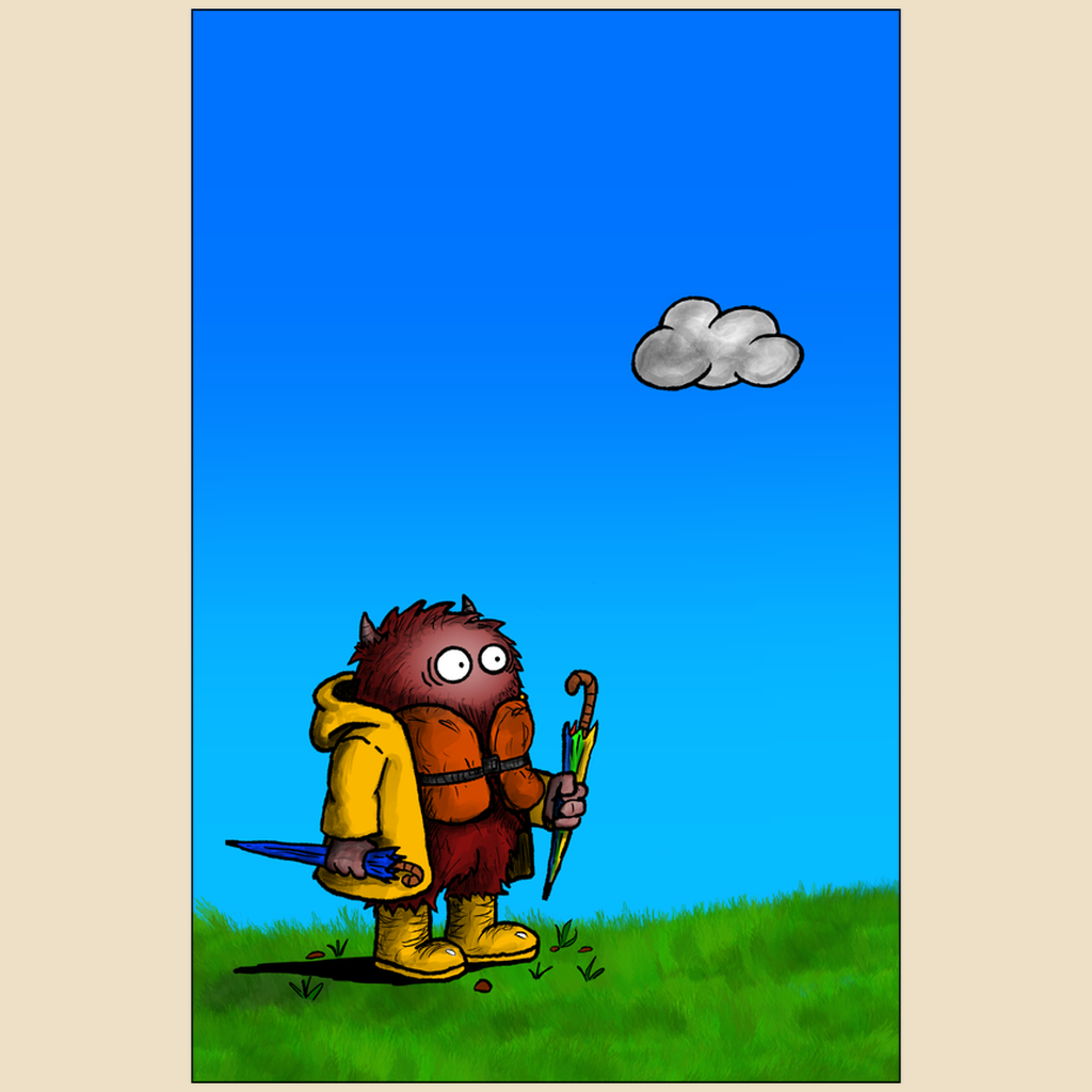 Art print featuring a cartoon creature wearing a raincoat, life jacket, and rain boots while carrying two umbrellas and staring nervously at a single cloud overhead.