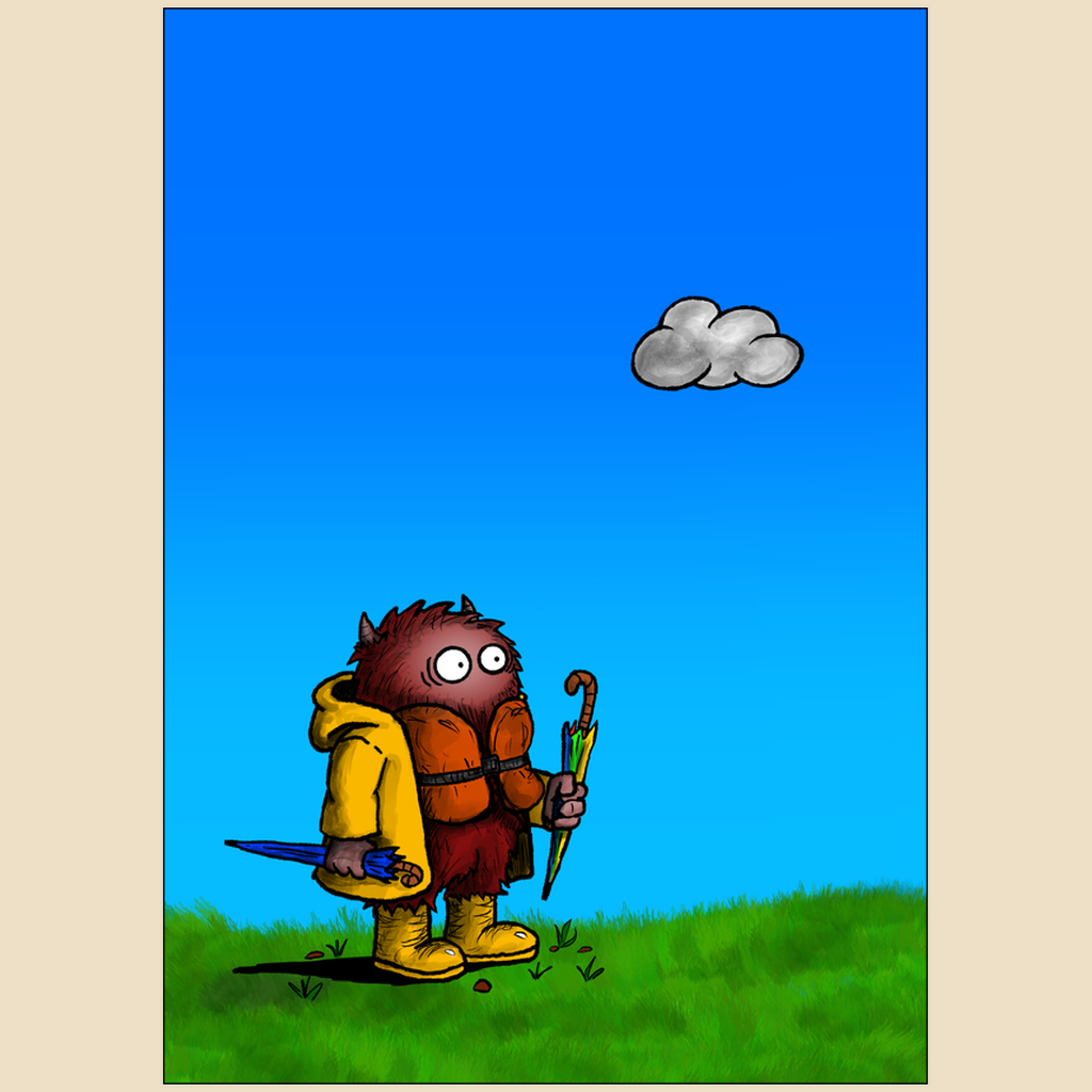 Art print featuring a cartoon creature wearing a raincoat, life jacket, and rain boots while carrying two umbrellas and staring nervously at a single cloud overhead.