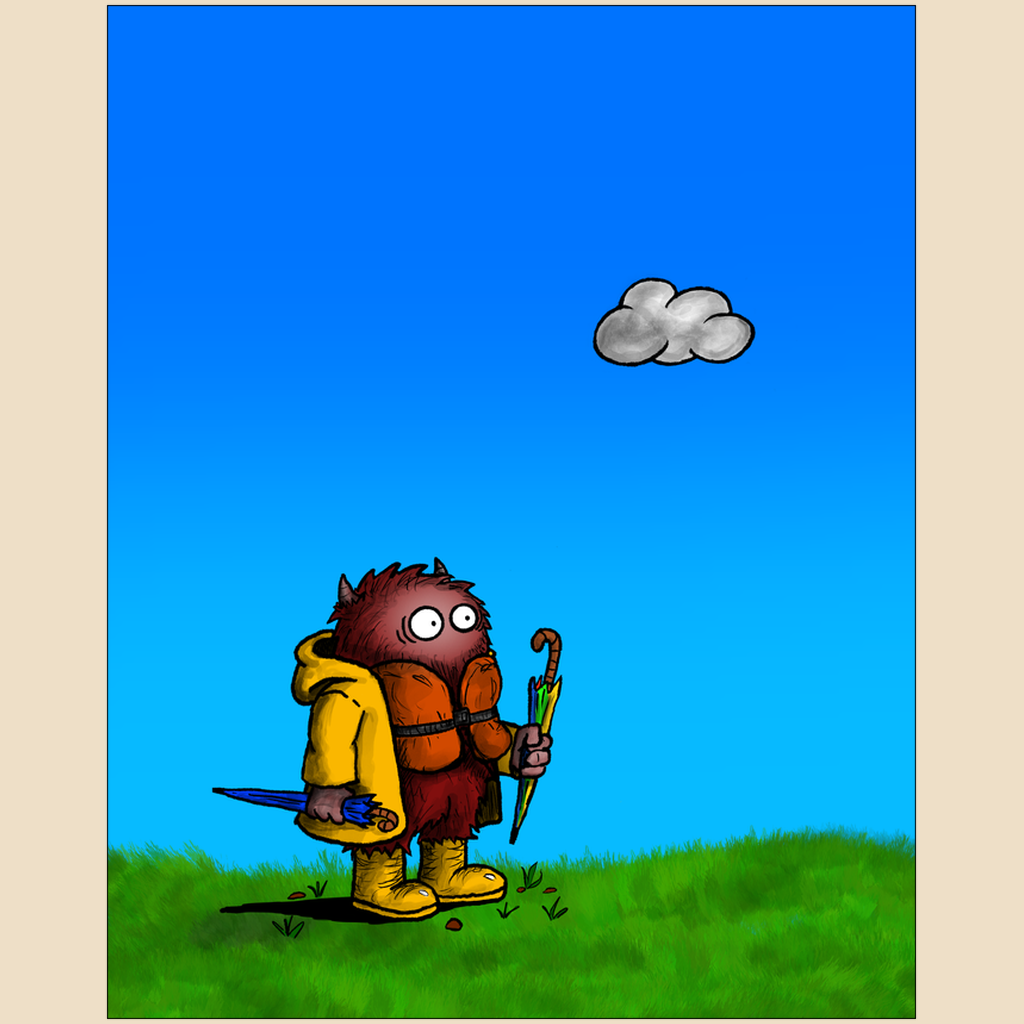 Art print featuring a cartoon creature wearing a raincoat, life jacket, and rain boots while carrying two umbrellas and staring nervously at a single cloud overhead.