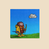 Canvas wrap featuring a cartoon creature wearing a raincoat, life jacket, and rain boots while carrying two umbrellas and staring nervously at a single cloud overhead, standing on grass beneath a blue sky.