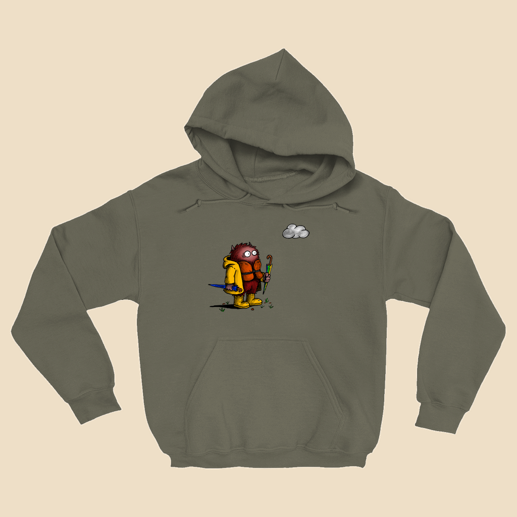 Hoodie featuring a cartoon creature wearing a raincoat, life jacket, and rain boots while carrying two umbrellas and staring nervously at a single cloud overhead.