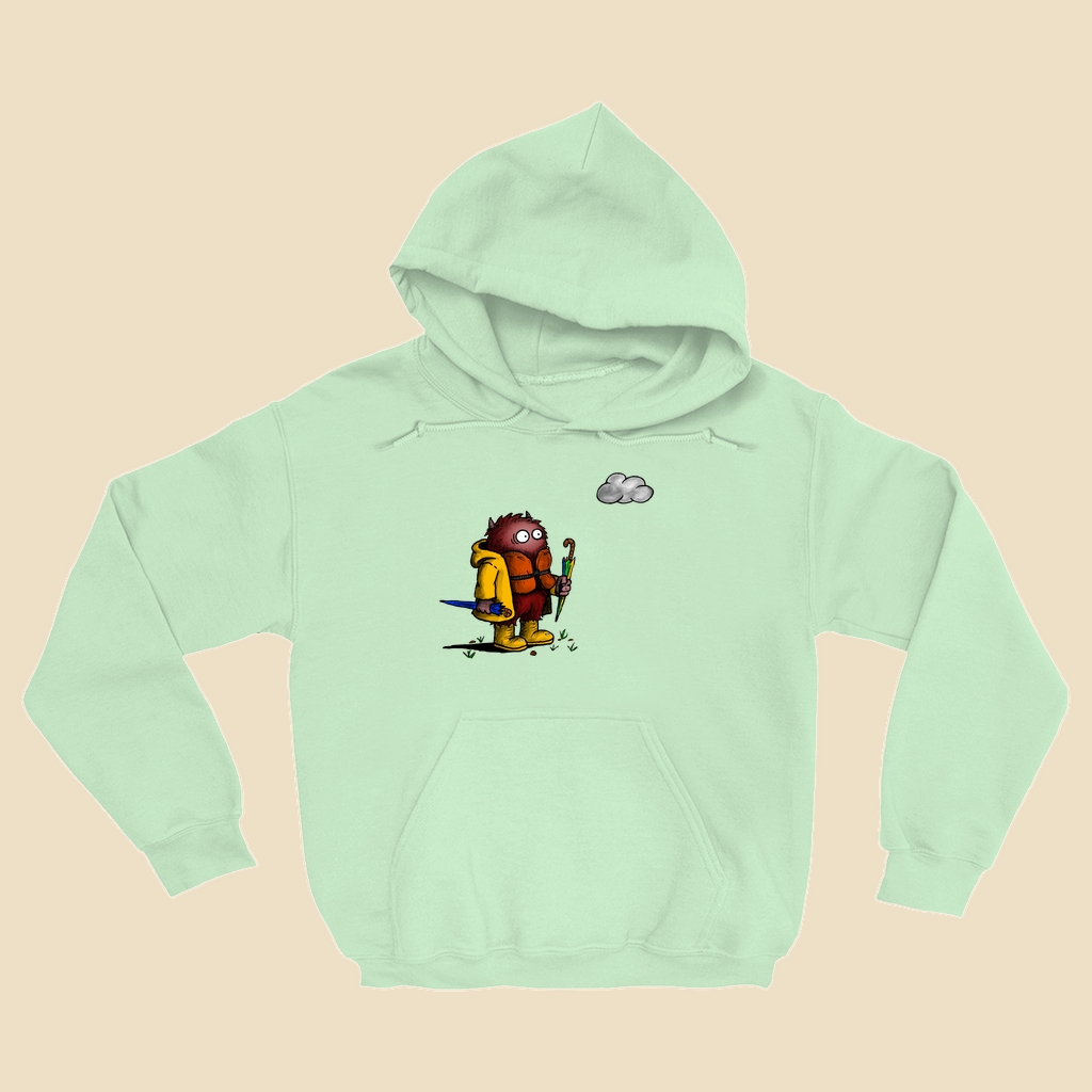 Hoodie featuring a cartoon creature wearing a raincoat, life jacket, and rain boots while carrying two umbrellas and staring nervously at a single cloud overhead.