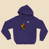 Hoodie featuring a cartoon creature wearing a raincoat, life jacket, and rain boots while carrying two umbrellas and staring nervously at a single cloud overhead.
