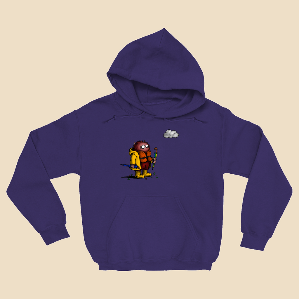 Hoodie featuring a cartoon creature wearing a raincoat, life jacket, and rain boots while carrying two umbrellas and staring nervously at a single cloud overhead.