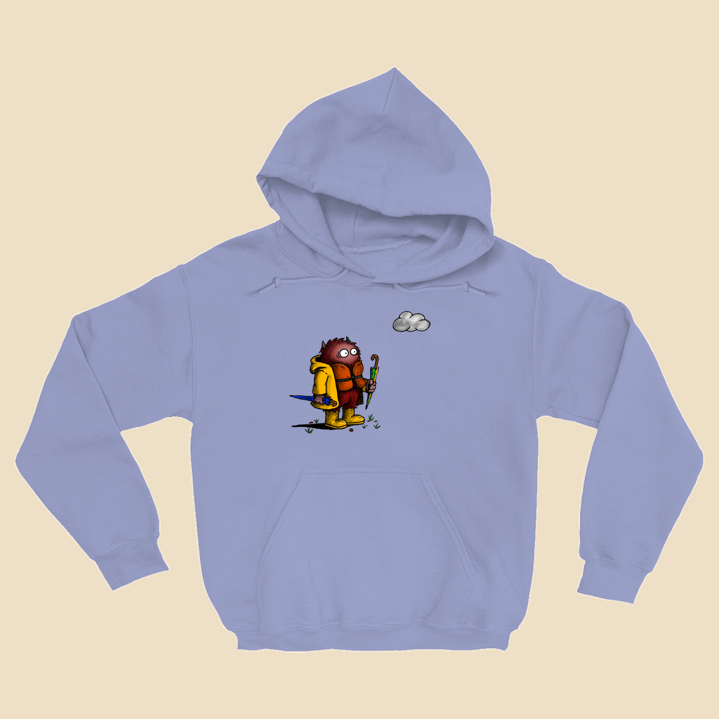 Hoodie featuring a cartoon creature wearing a raincoat, life jacket, and rain boots while carrying two umbrellas and staring nervously at a single cloud overhead.