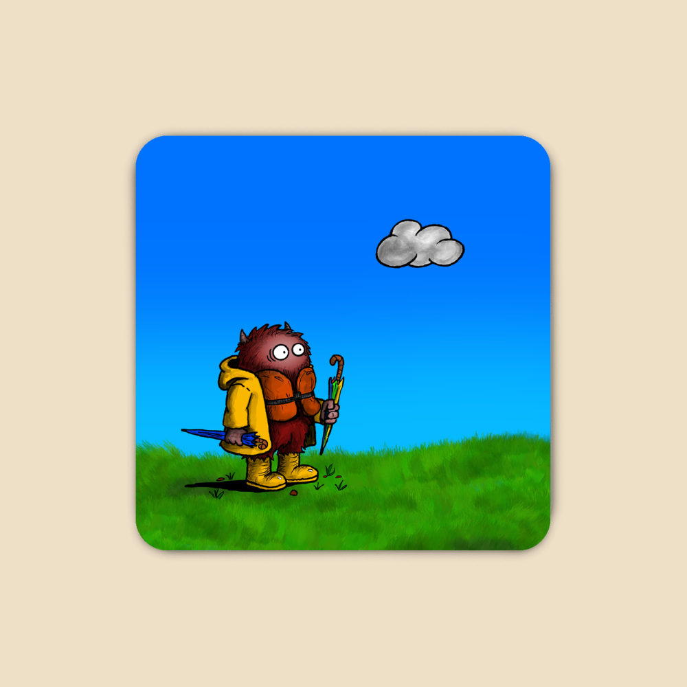 Brown furry monster wearing a life vest, raincoat, boots, and backpack while carrying multiple umbrellas beneath a single small rain cloud.