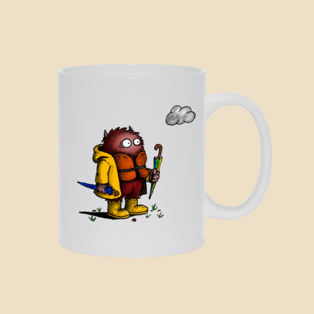 Mug featuring a cartoon creature wearing a raincoat, life jacket, and rain boots while carrying two umbrellas and staring nervously at a single cloud overhead.
