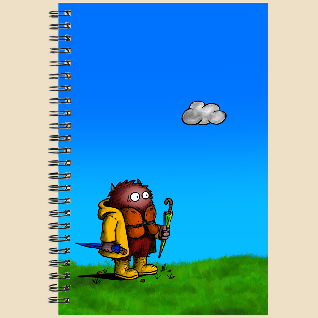 Spiral notebook featuring a cartoon creature wearing a raincoat, life jacket, and rain boots while carrying two umbrellas and staring nervously at a single cloud overhead.
