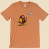 Abundance of Caution T-shirt featuring a cartoon creature wearing a raincoat, life jacket, and rain boots while carrying two umbrellas and staring nervously at a single cloud.
