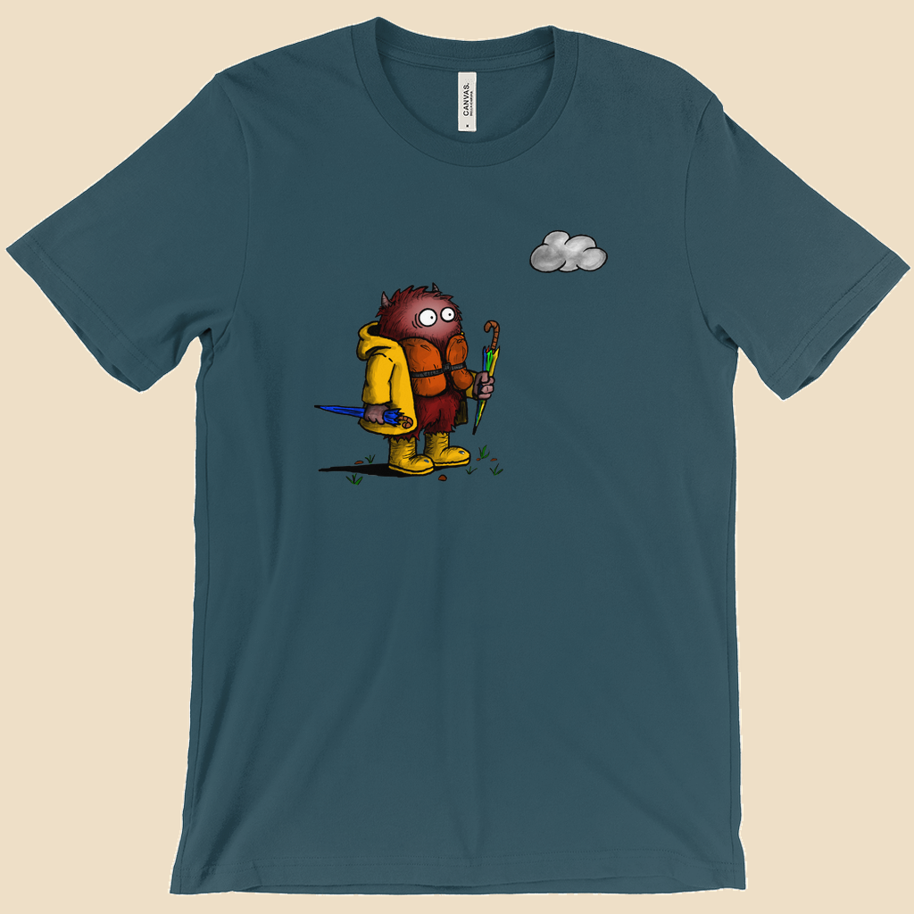 Abundance of Caution T-shirt featuring a cartoon creature wearing a raincoat, life jacket, and rain boots while carrying two umbrellas and staring nervously at a single cloud.