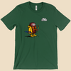 Abundance of Caution T-shirt featuring a cartoon creature wearing a raincoat, life jacket, and rain boots while carrying two umbrellas and staring nervously at a single cloud.