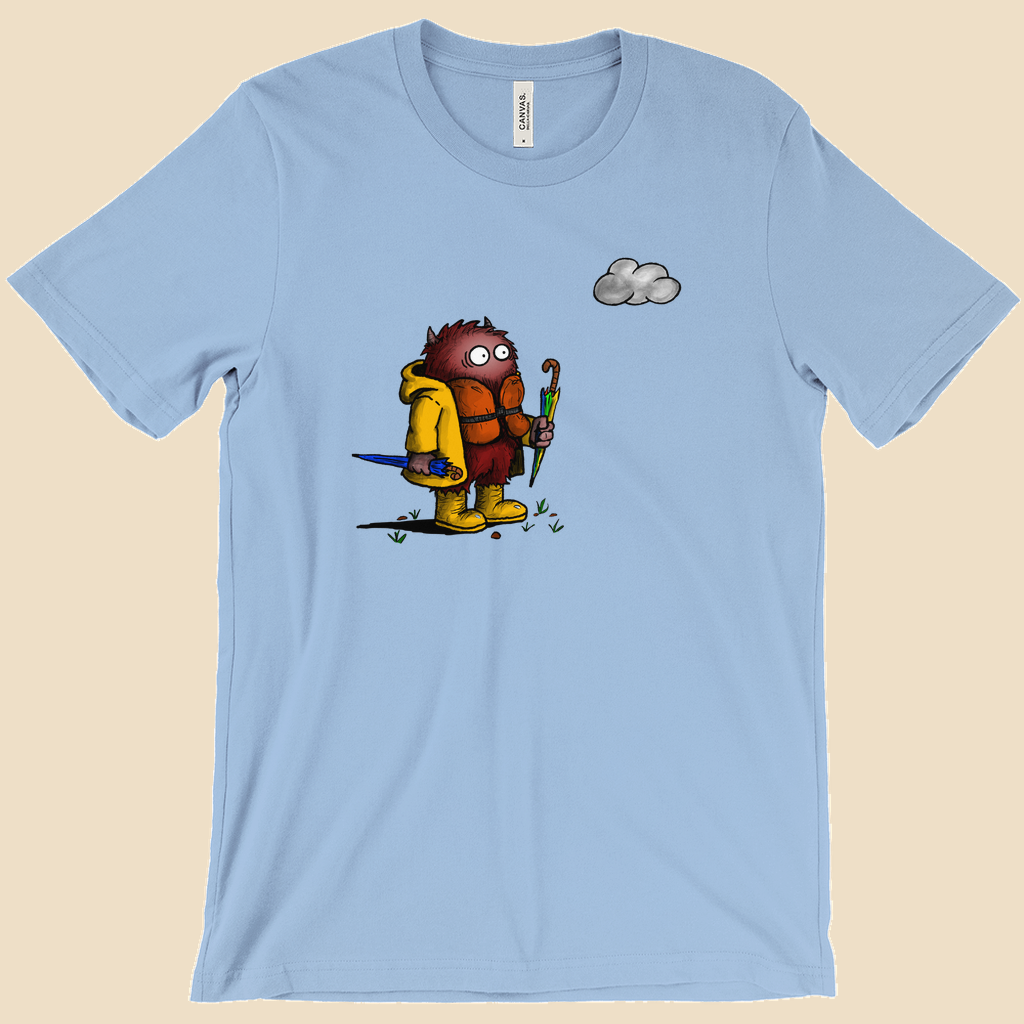 Abundance of Caution T-shirt featuring a cartoon creature wearing a raincoat, life jacket, and rain boots while carrying two umbrellas and staring nervously at a single cloud.