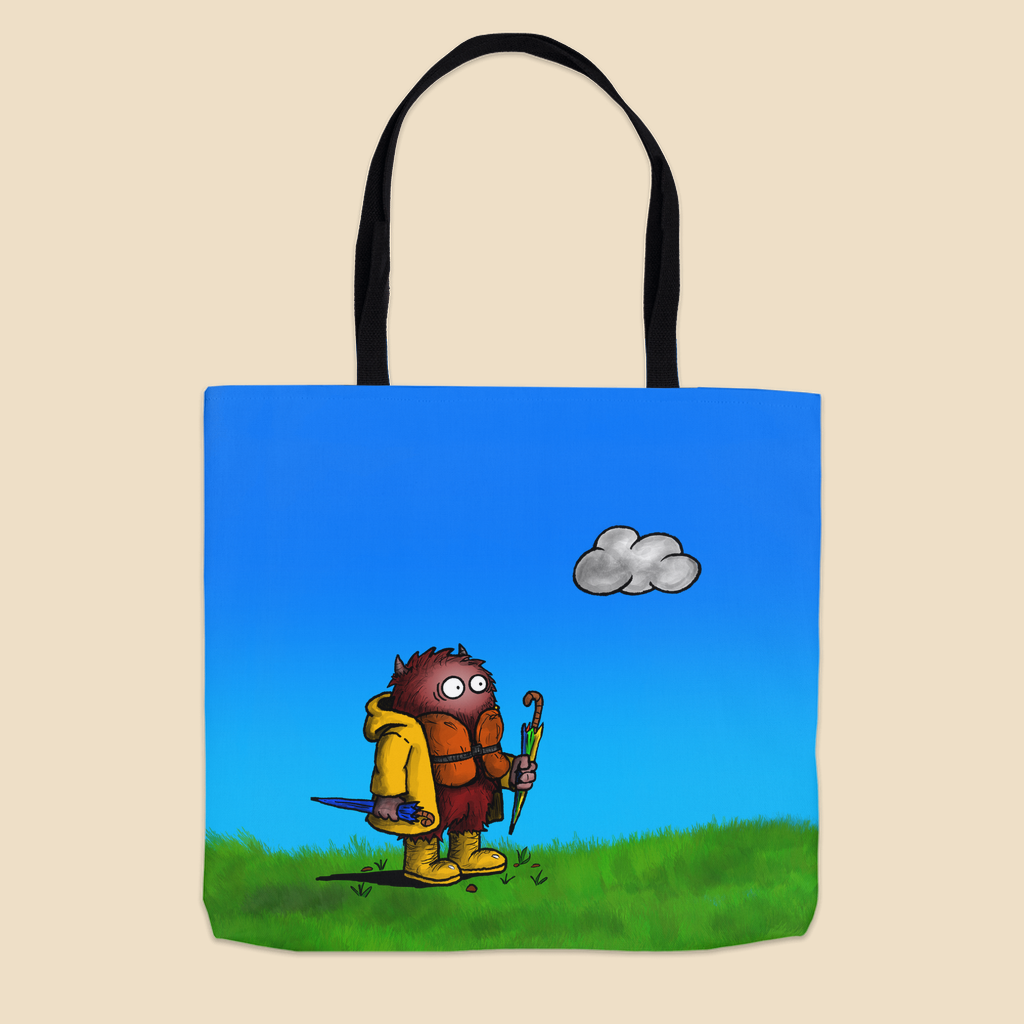 Tote bag featuring a cartoon creature wearing a raincoat, life jacket, and rain boots while carrying two umbrellas and staring nervously at a single cloud overhead.