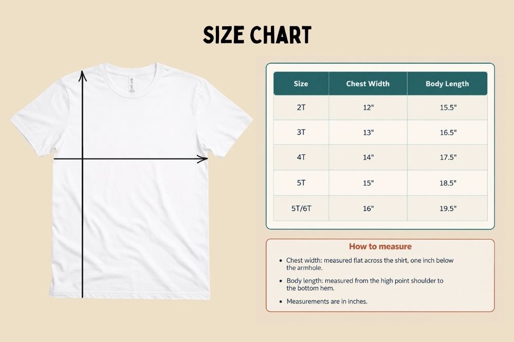 A size chart graphic showing a white short-sleeve T-shirt with arrows indicating chest and body measurements, alongside a size table from 2T to 5T/6T with chest width and body length measurements on a beige background.