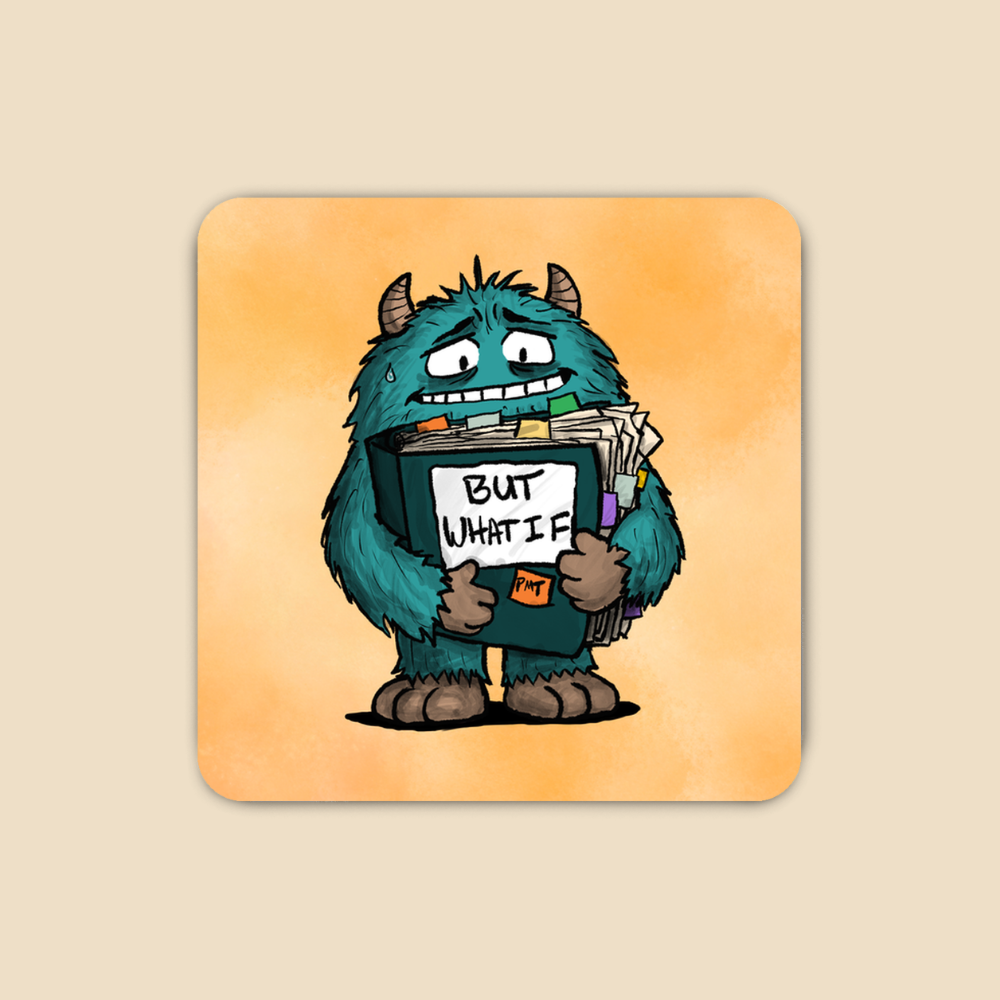 Blue furry monster clutching an overflowing folder labeled “But What If” filled with papers and notes.