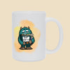 But What If OCD mug featuring an anxious blue monster clutching an overflowing binder labeled “But What If?” against a warm orange background.