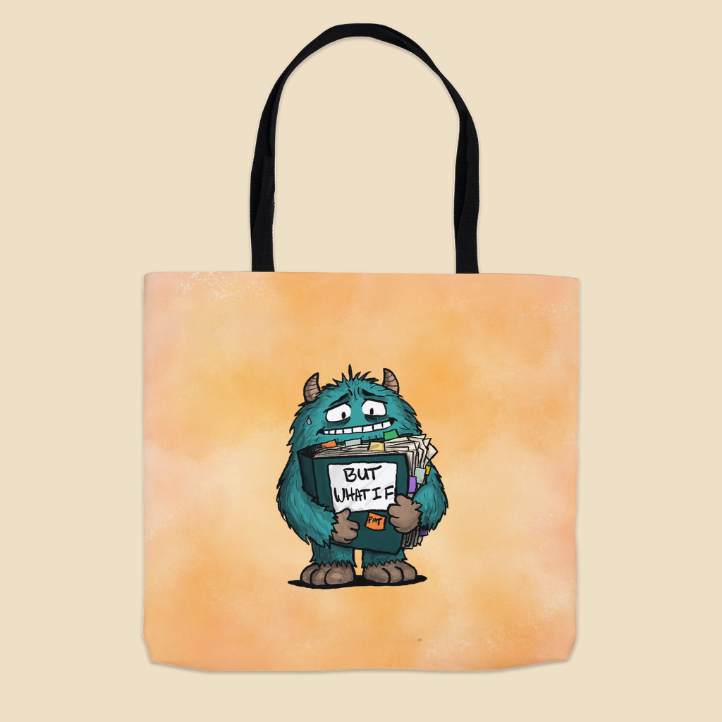 But What If tote bag featuring an anxious blue monster clutching an overflowing binder labeled “But What If?”