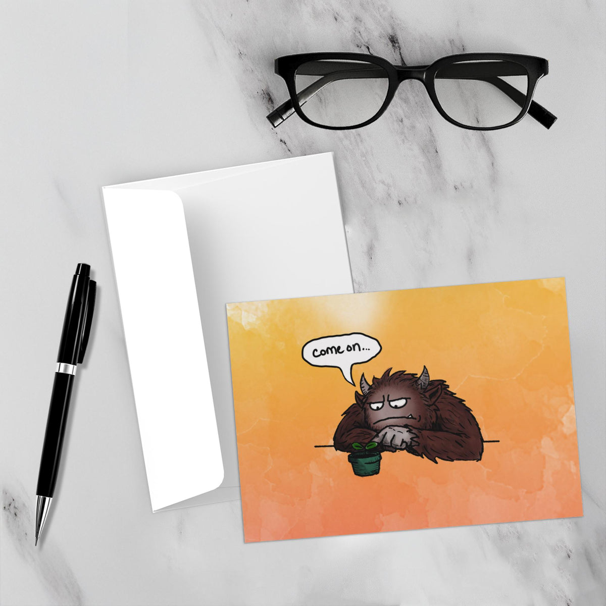 Can’t Rush Growth greeting card featuring a brown furry monster impatiently watching a small green potted plant and saying “come on...”