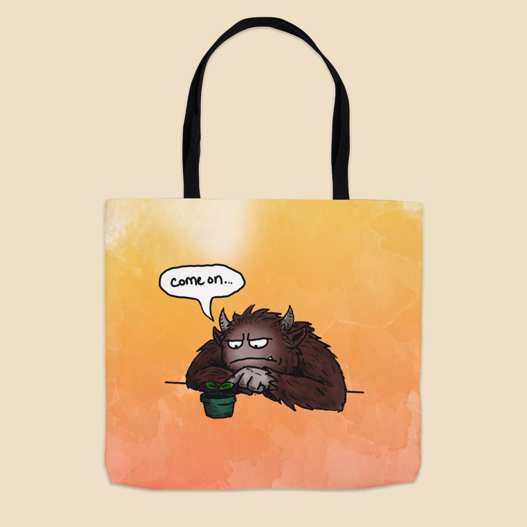 Brown furry monster waiting impatiently beside a small green potted plant, saying “come on...” in a funny illustration about patience, healing, and personal growth.