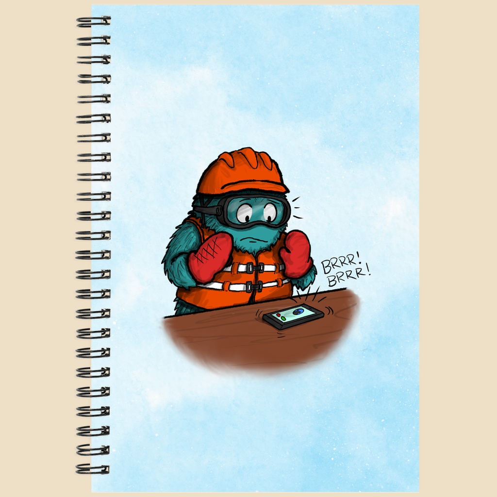 Notebook featuring a furry monster wearing lots of safety gear and panicking as an unexpected phone call comes in.