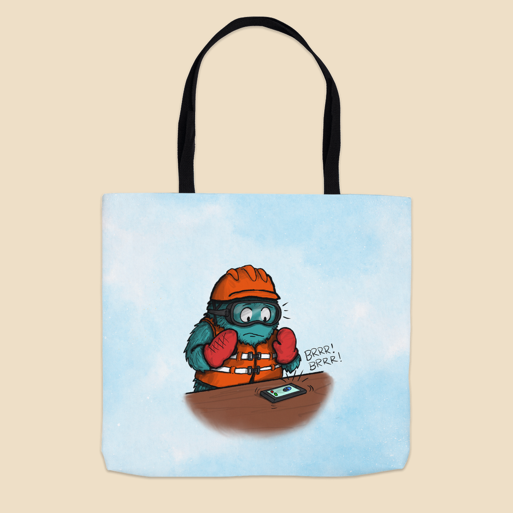 Tote bag featuring a furry monster wearing lots of safety gear and panicking as an unexpected phone call comes in.