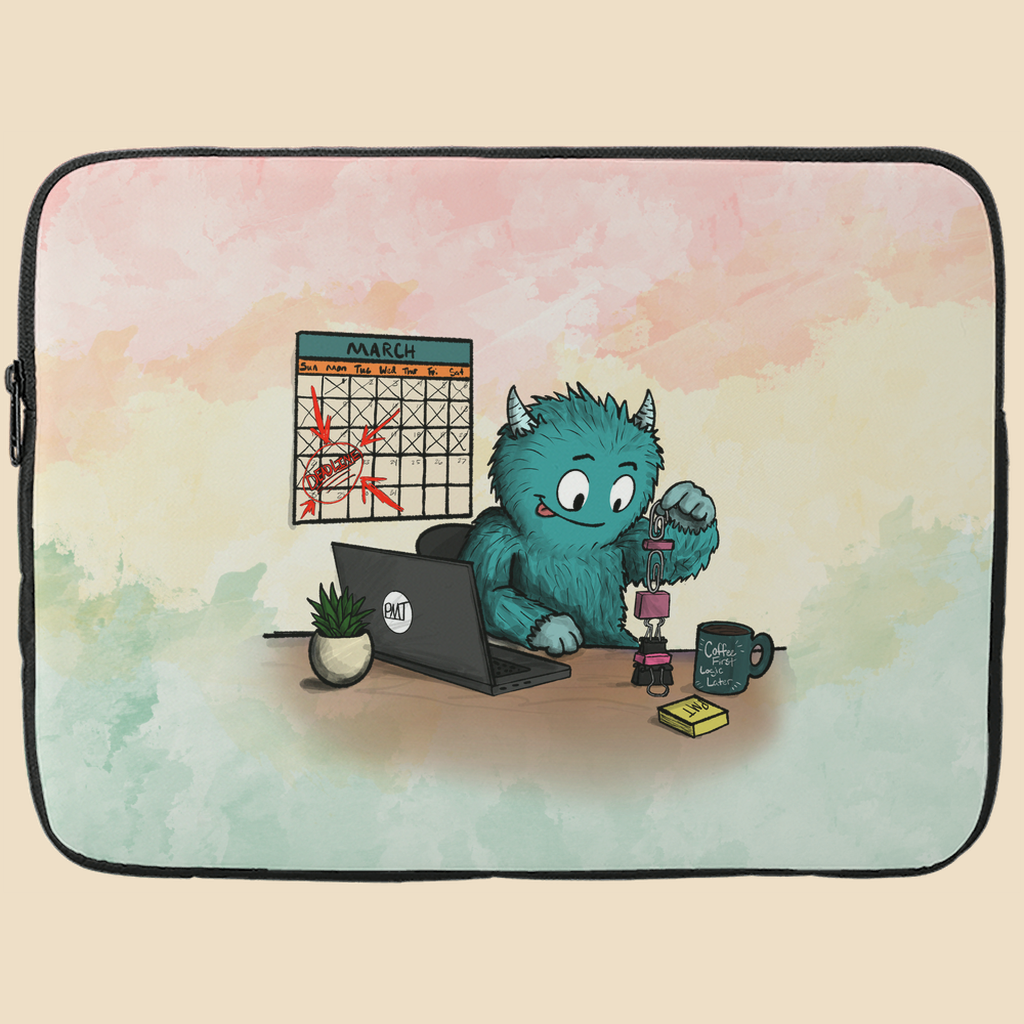 Laptop sleeve featuring a blue furry monster building a tower of office supplies beside a laptop while a calendar full of crossed-off days hangs in the background.