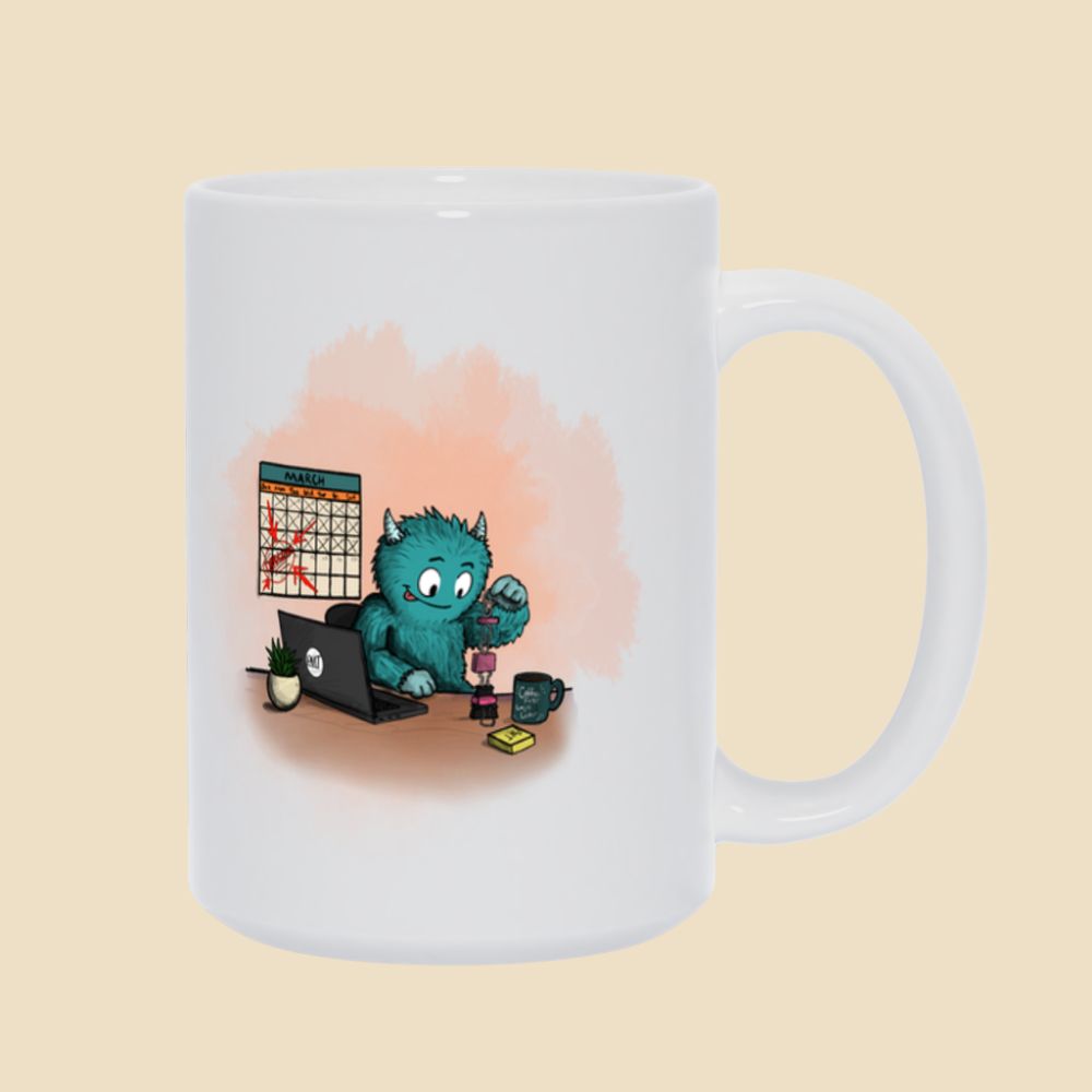 Blue furry monster building a tower of office supplies beside a laptop while a calendar full of crossed-off days hangs in the background.