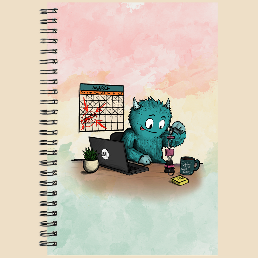 Notebook featuring a blue furry monster building a tower of office supplies beside a laptop while a calendar full of crossed-off days hangs in the background.