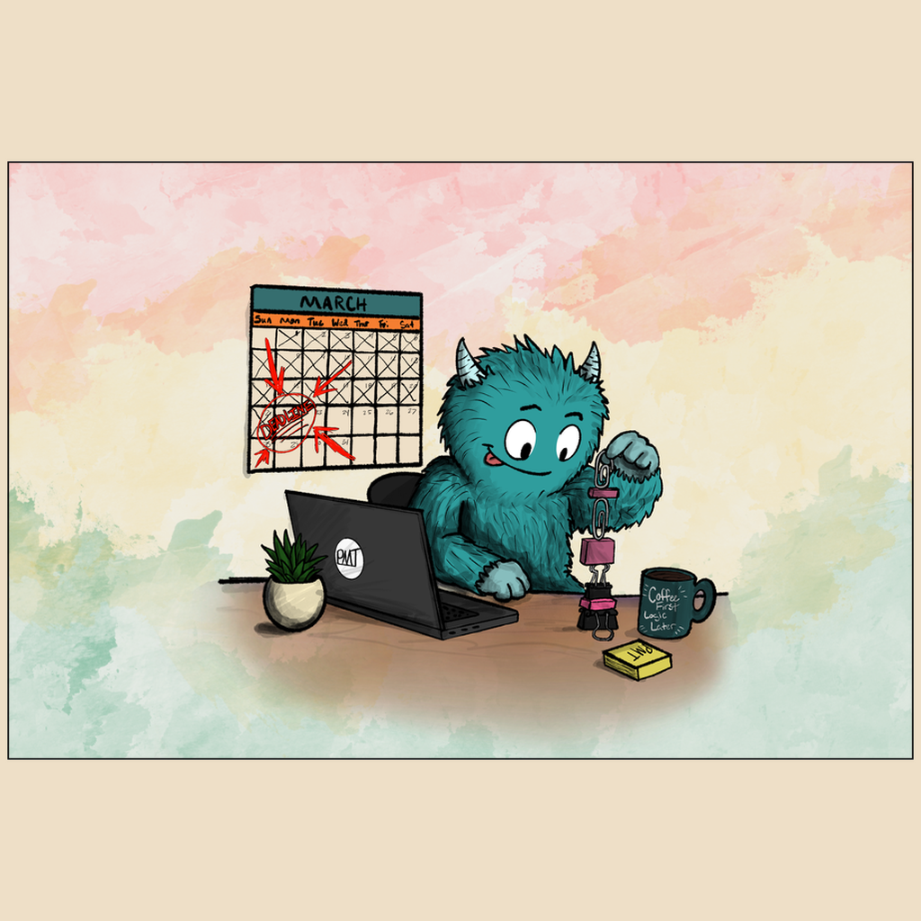 Art print featuring a blue furry monster building a tower of office supplies beside a laptop while a calendar full of crossed-off days hangs in the background.
