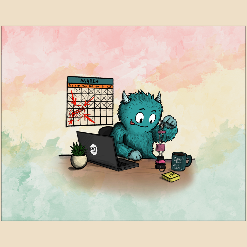Art print featuring a blue furry monster building a tower of office supplies beside a laptop while a calendar full of crossed-off days hangs in the background.