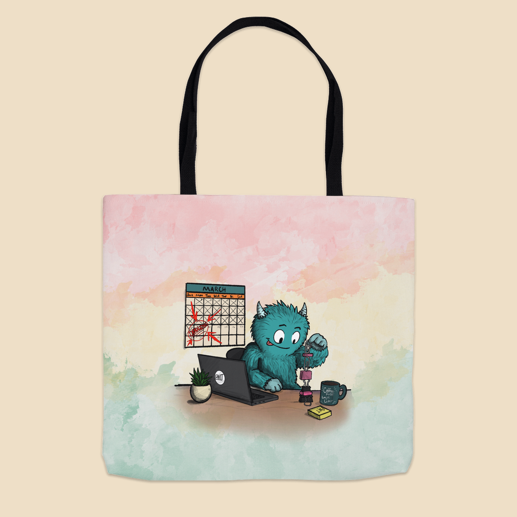 Tote bag featuring a blue furry monster building a tower of office supplies beside a laptop while a calendar full of crossed-off days hangs in the background.