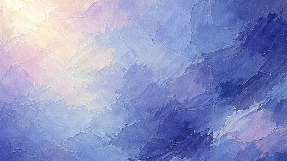 Abstract oil painting dominated by deep periwinkle blue, featuring thick, heavy brushstrokes with rich texture. Soft blended accents of lavender, pale pink, and light turquoise create a calm, steady composition, with a subtle bright glow in the upper corner adding contrast.