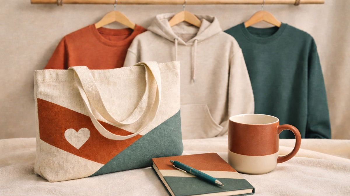 Hero banner with a mug, tote bag, and notebook with pen arranged closely in warm, soft lighting, with a sweatshirt, hoodie, and t-shirt hanging on a wooden dowel in the background.