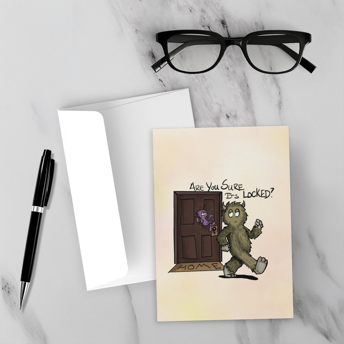 Greeting card featuring a furry monster trying to leave the house while a little purple OCD gremlin at the door asks, “Are you sure it’s locked?”
