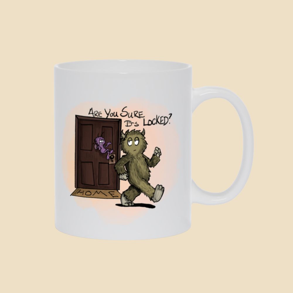 Mug featuring a furry monster trying to leave the house while a little purple OCD gremlin at the door asks, “Are you sure it’s locked?”