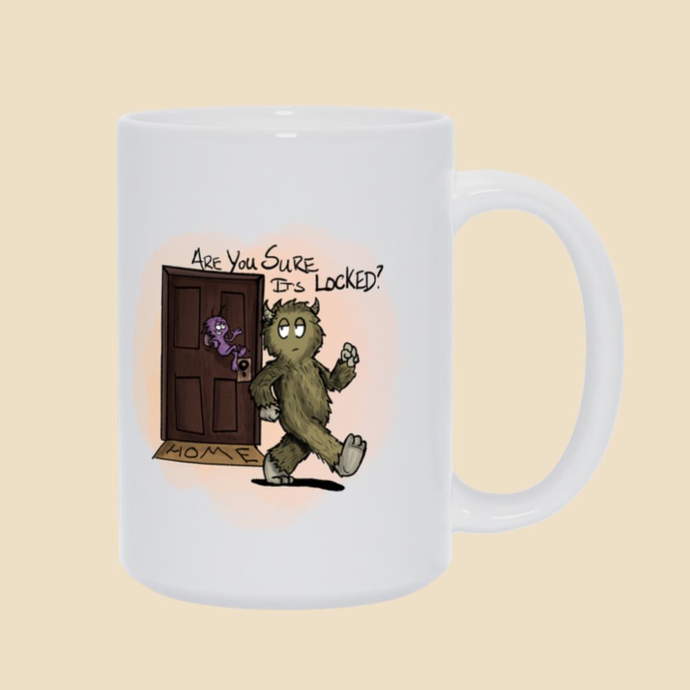 Mug featuring a furry monster trying to leave the house while a little purple OCD gremlin at the door asks, “Are you sure it’s locked?”