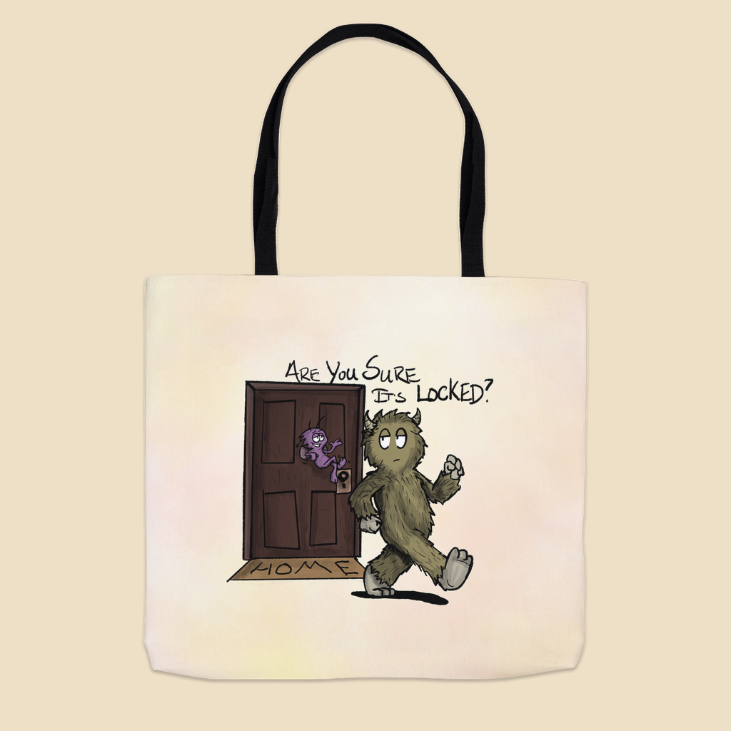 Tote bag featuring a furry monster trying to leave the house while a little purple OCD gremlin at the door asks, “Are you sure it’s locked?”