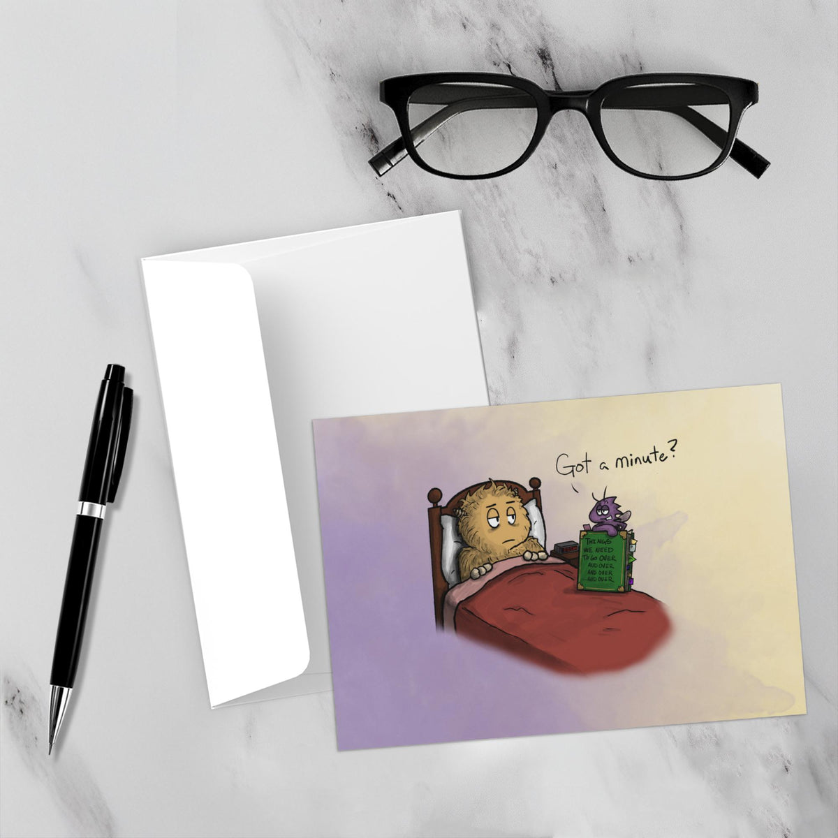 Got a Minute? OCD greeting card featuring an exhausted monster in bed while an OCD gremlin arrives at 3 a.m. with a book of things to go over and over again.