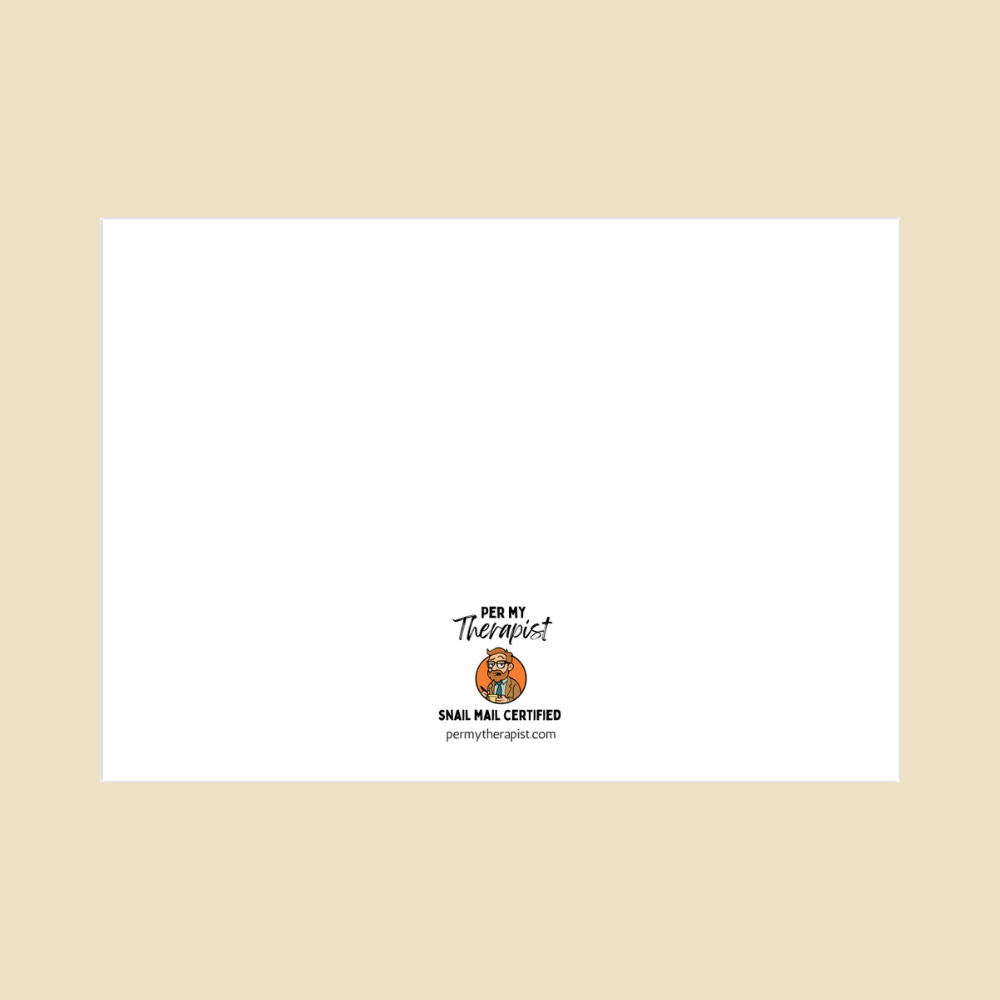 Back of landscape greeting card featuring the Per My Therapist logo, Arnold mascot, “Snail Mail Certified,” and permytherapist.com.
