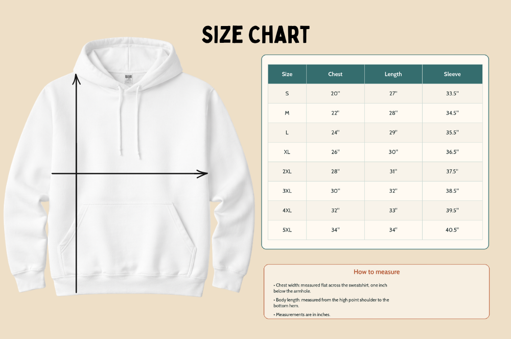 Sizing chart showing width and length measurements for the Per My Therapist unisex hoodie.