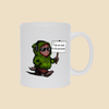 Mug featuring a cartoon creature in sunglasses and a green hoodie holding a sign reading “I do not wish to be perceived.”