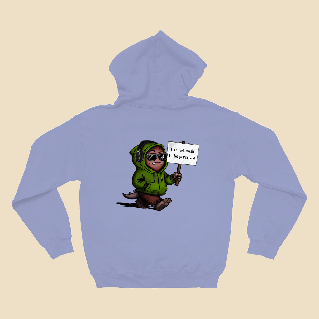 Violet hoodie featuring a cartoon creature in sunglasses holding a sign reading “I do not wish to be perceived.”