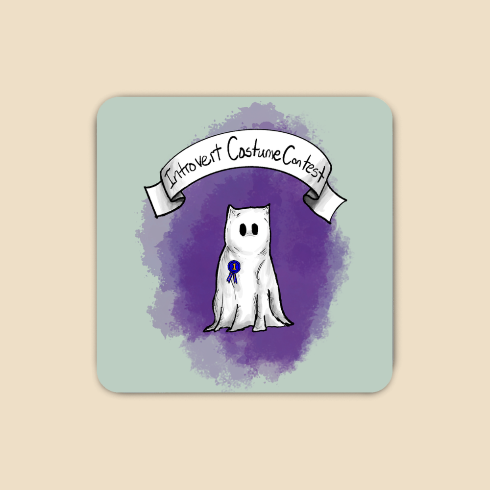 White ghost costume with eye holes and a blue nose wearing a first-place ribbon beneath a banner reading “Introvert Costume Contest.”