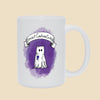 Introvert Costume Contest mug featuring a shy monster dressed as a ghost beneath a banner, wearing a first-place ribbon against a purple background.