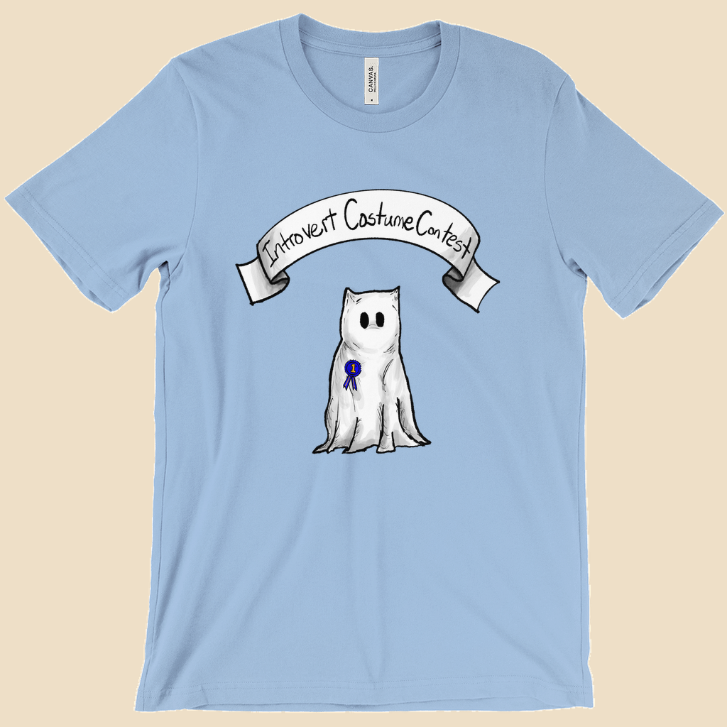 Introvert Costume Contest T-shirt featuring a shy monster dressed as a ghost beneath a banner and wearing a first-place ribbon.