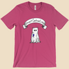 Introvert Costume Contest T-shirt featuring a shy monster dressed as a ghost beneath a banner and wearing a first-place ribbon.