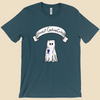 Introvert Costume Contest T-shirt featuring a shy monster dressed as a ghost beneath a banner and wearing a first-place ribbon.