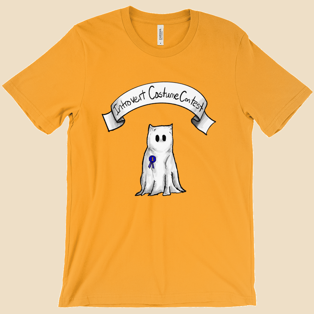 Introvert Costume Contest T-shirt featuring a shy monster dressed as a ghost beneath a banner and wearing a first-place ribbon.