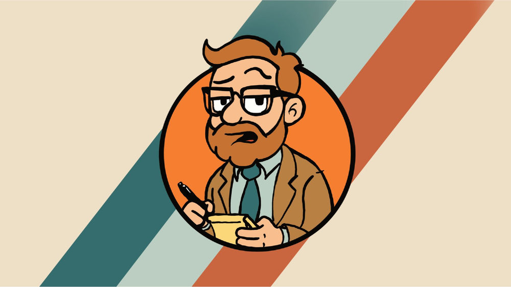 Arnold, illustrated character with glasses and beard holding a notepad and pen, Per My Therapist banner on beige background with diagonal stripe.